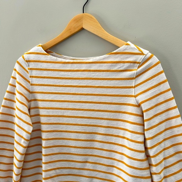 ☃️Old Navy Mustard Yellow & White Striped Boat Neck Terry Clothe 3/4 Sleeve Top - Picture 4 of 4